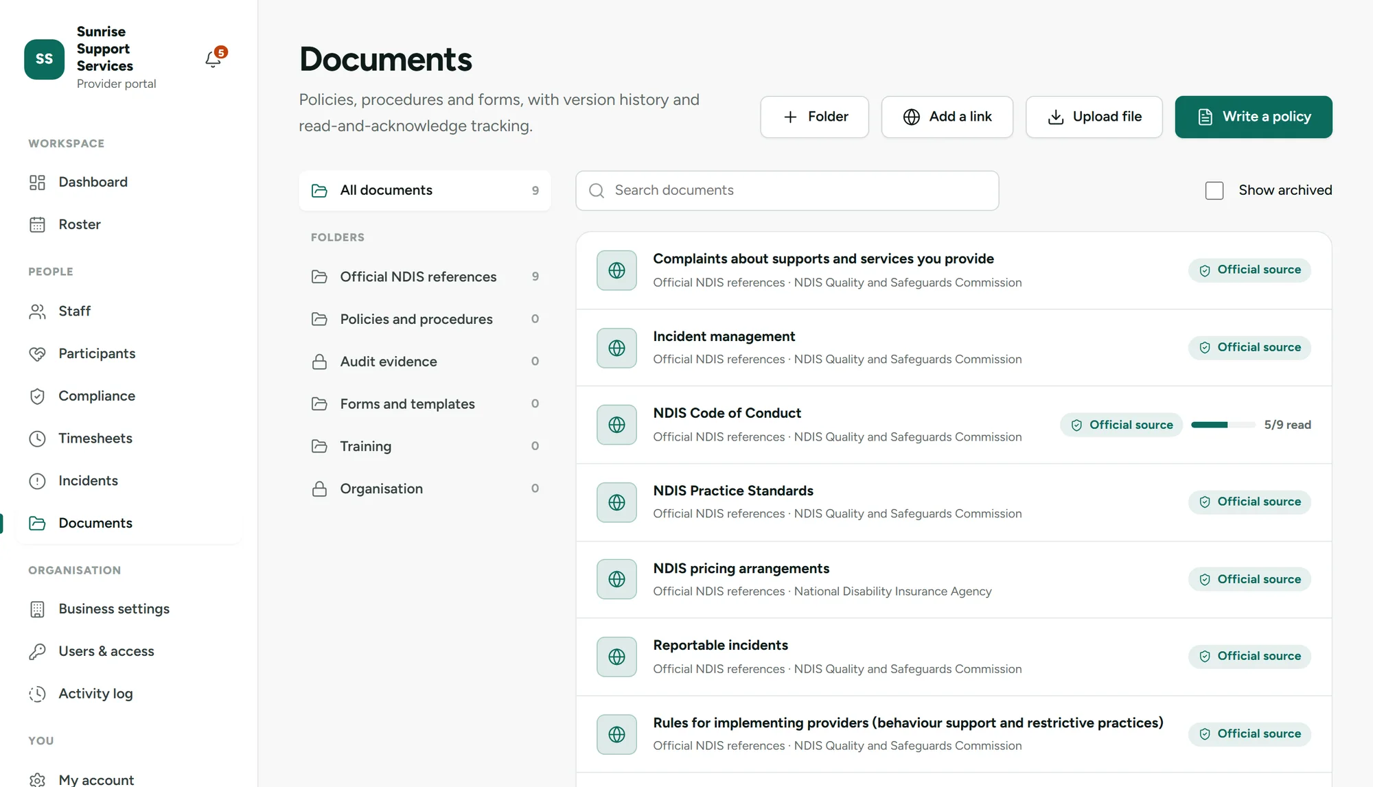 The AbleSync document library showing official NDIS Commission references and how many staff have read the Code of Conduct