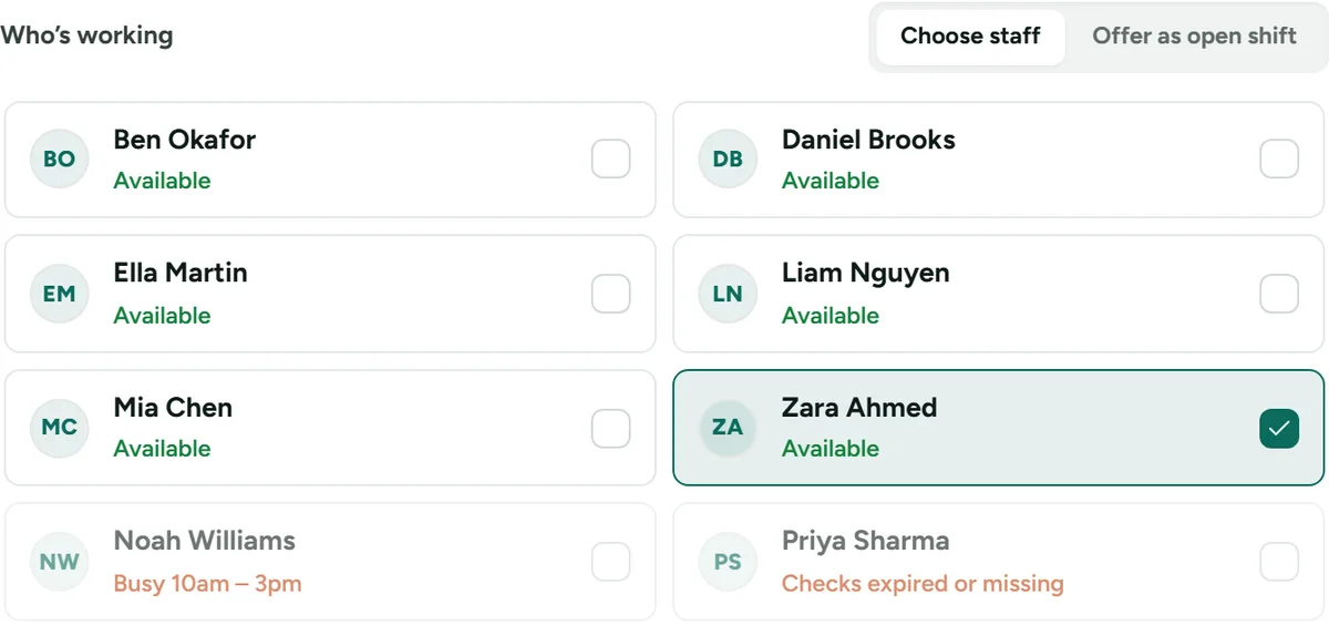 Choosing staff for a shift in AbleSync: available workers, one busy on another shift and one whose checks have expired