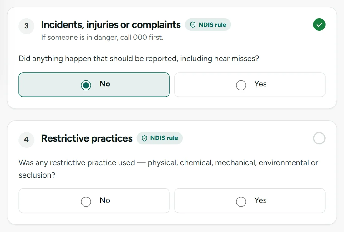 End-of-shift checks in the AbleSync staff app: incidents answered, restrictive practices still to answer before the shift can end