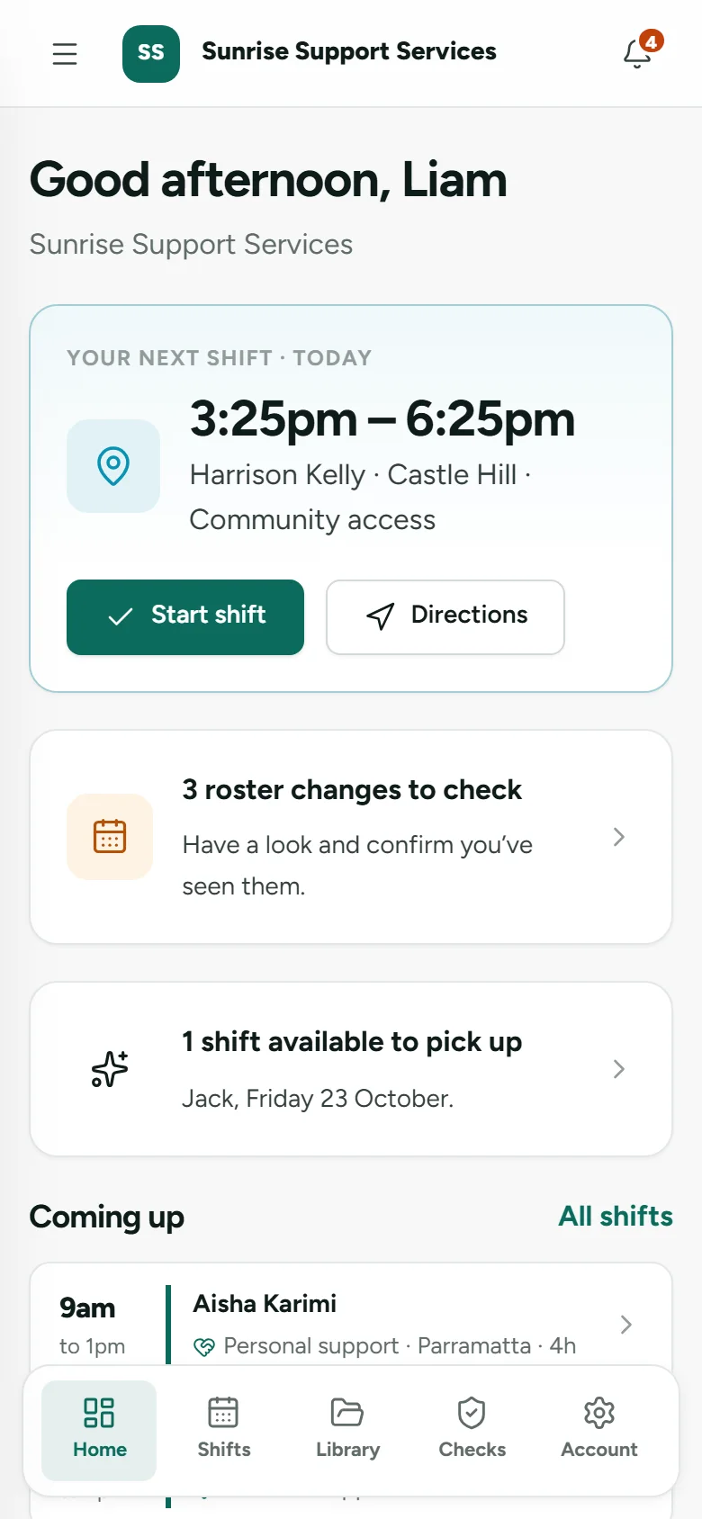 A support worker’s phone showing their next shift with directions, roster changes to check and a shift available to pick up